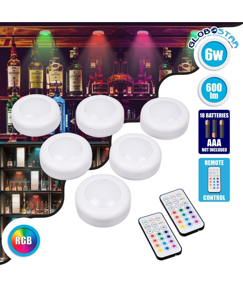 GloboStar® 85818 Φωτιστικά Νυκτός Μπαταρίας LED SMD 5050 6W 600lm με Ασύρματο Χειριστήριο RF - ΣΕΤ 6 Τεμαχίων Πολύχρωμα RGB